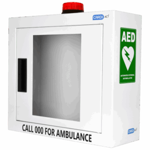 CARDIACT Alarmed AED Cabinet with Strobe Light 42 x 38 x 15.5cm on white background - empty