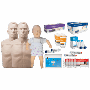 Basic first aid training equipment starter pack contents – CPR manikins and AED trainer.