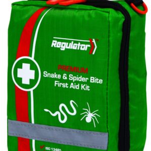 Regulator Premium Snake and Spider Bite First Aid Kit in green zippered carry bag.