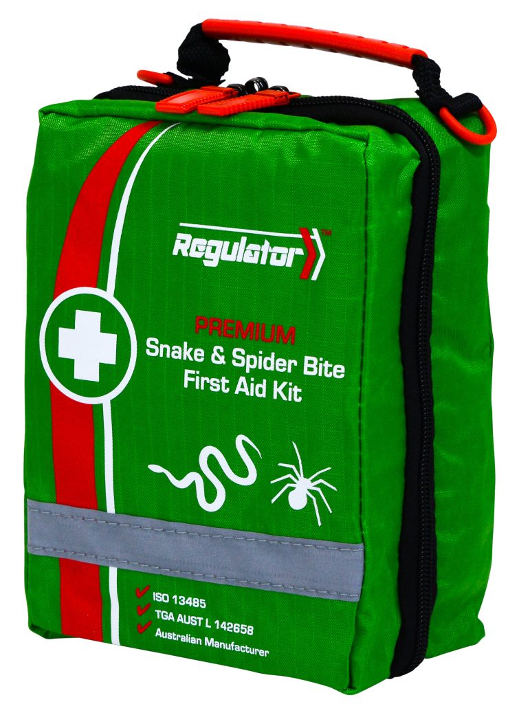 Regulator Premium Snake and Spider Bite First Aid Kit in green zippered carry bag.